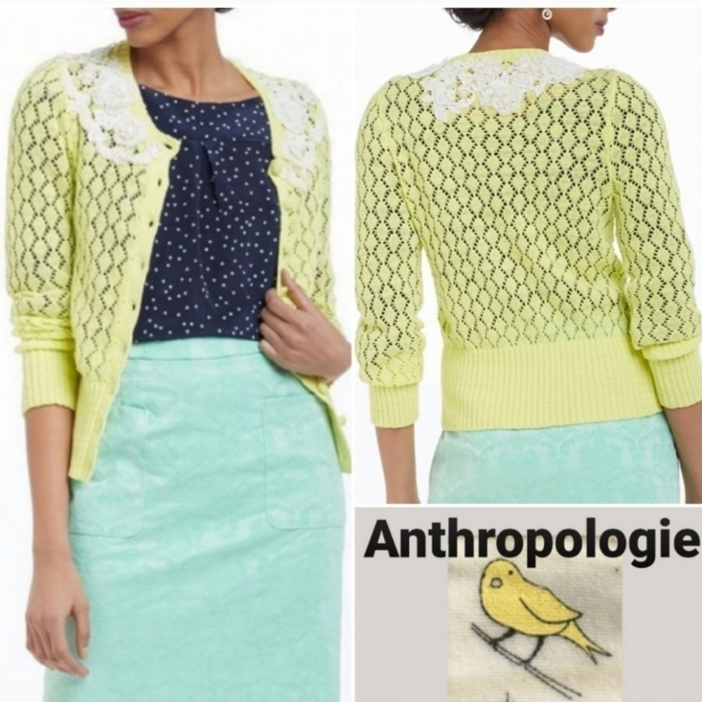 Y2k Anthropologie little yellow bird crochet cardigan sweater Gilmore Coquette - Picture 2 of 15